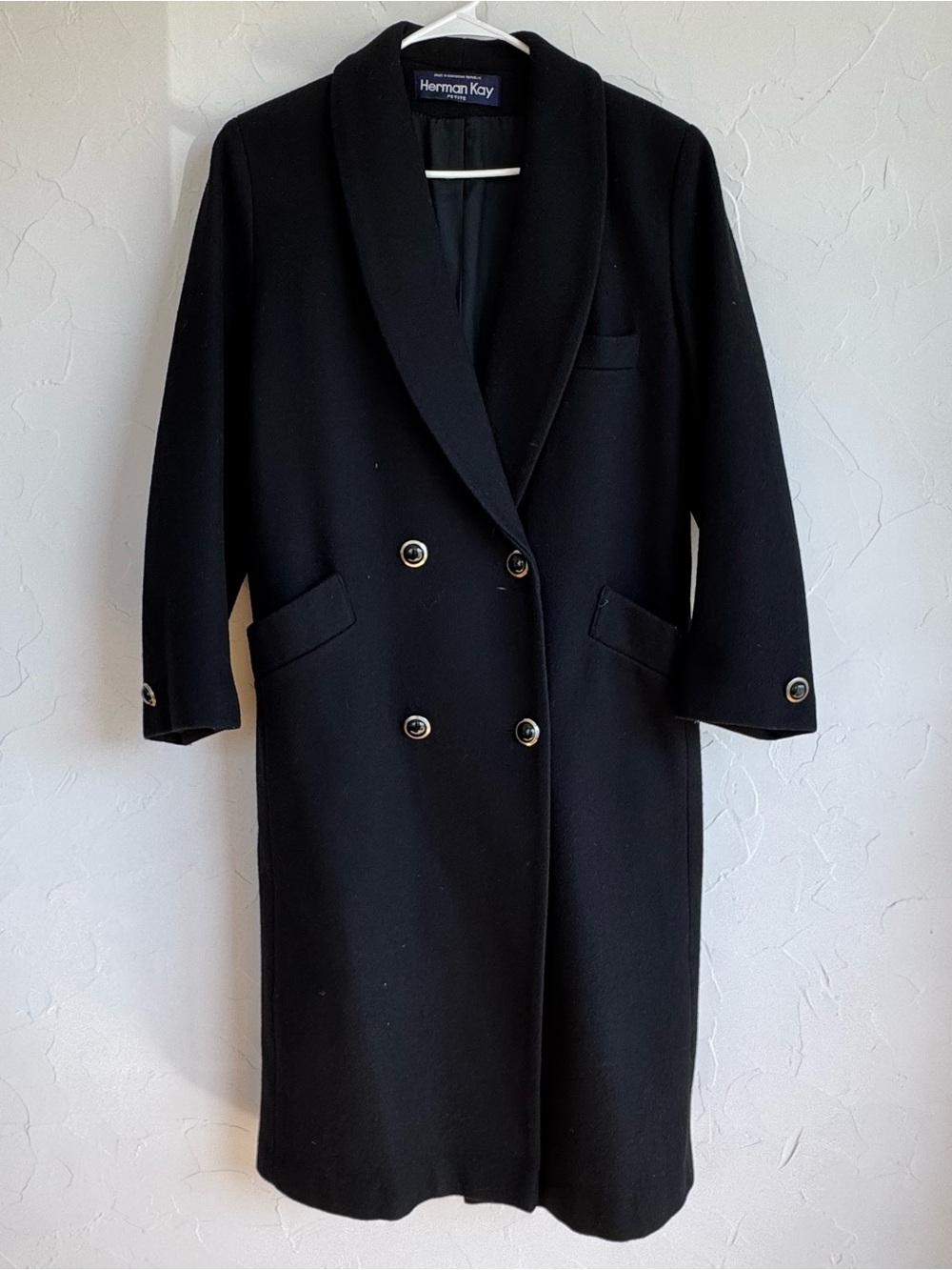 Vintage Herman Kay Black Wool Double Breasted Long Coat Petite | 90s Minimalist